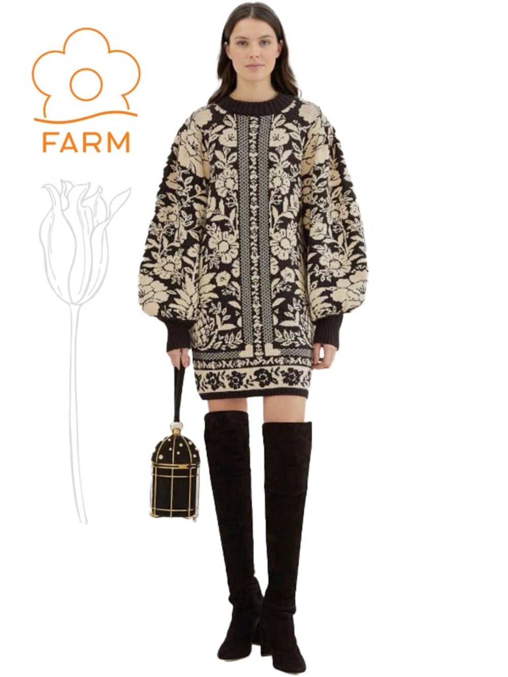 FARM RIO Black Pineapple Garden Mini Sweater Dress